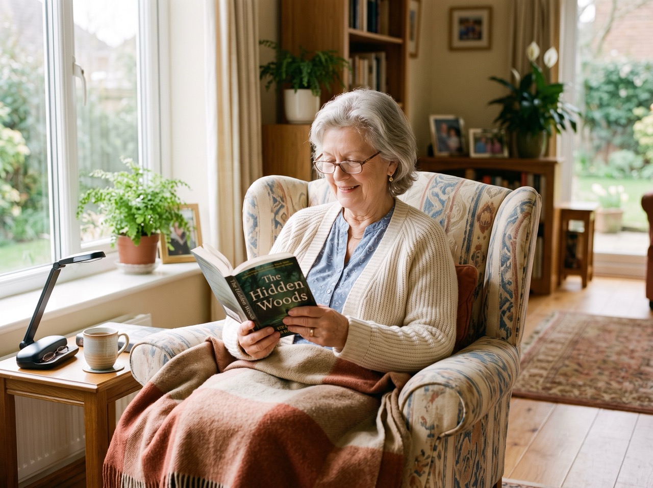 A senior woman reading contentedly in her sunlit living room
