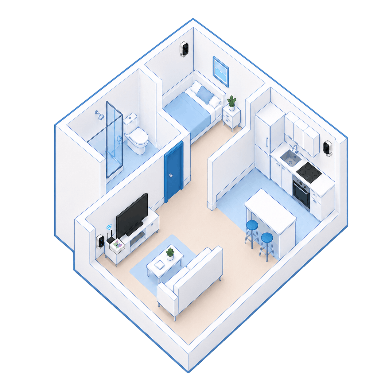 Isometric cutaway of a home showing cameras in each room connected to a central hub